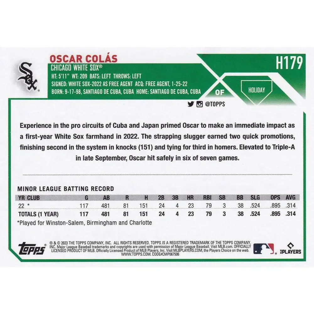 2023 Topps Holiday Oscar Colas RC H179 Chicago White Sox